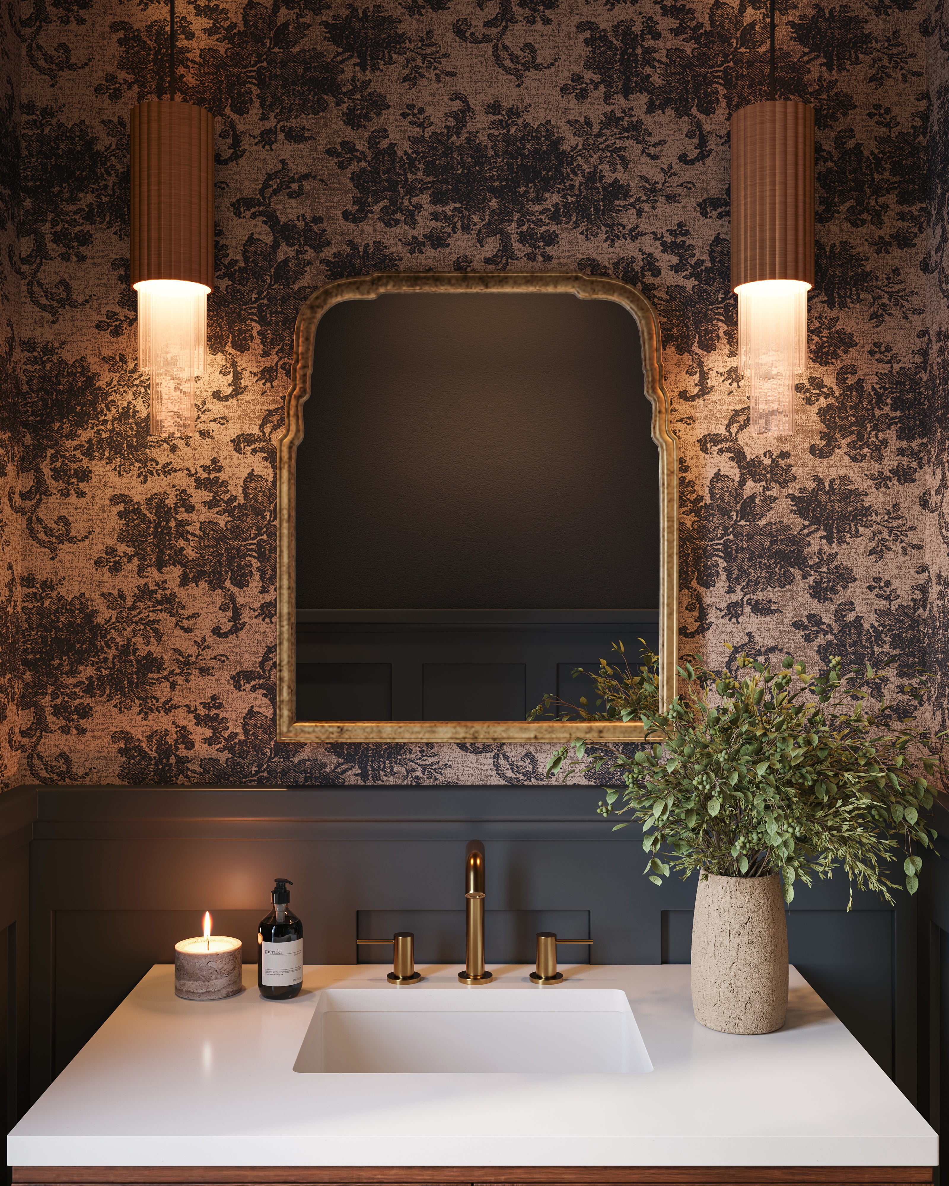 Modern pendant lights with brushed gold ribbed shade, clear fluted glass, patterned wallpaper, bathroom vanity, and mirror.