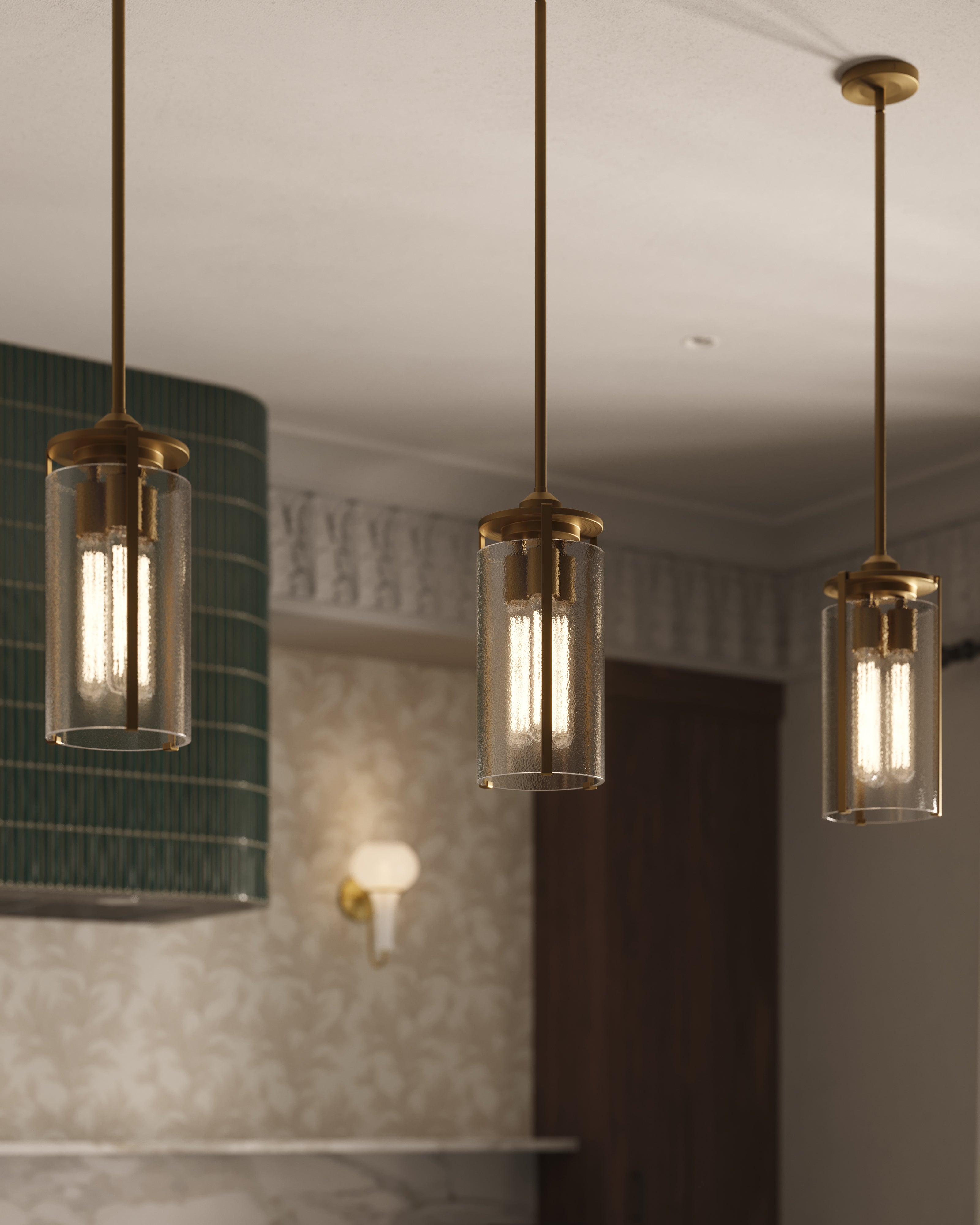 Howell 7" 3 Lights Pendant in Aged Gold/Clear Water Glass
