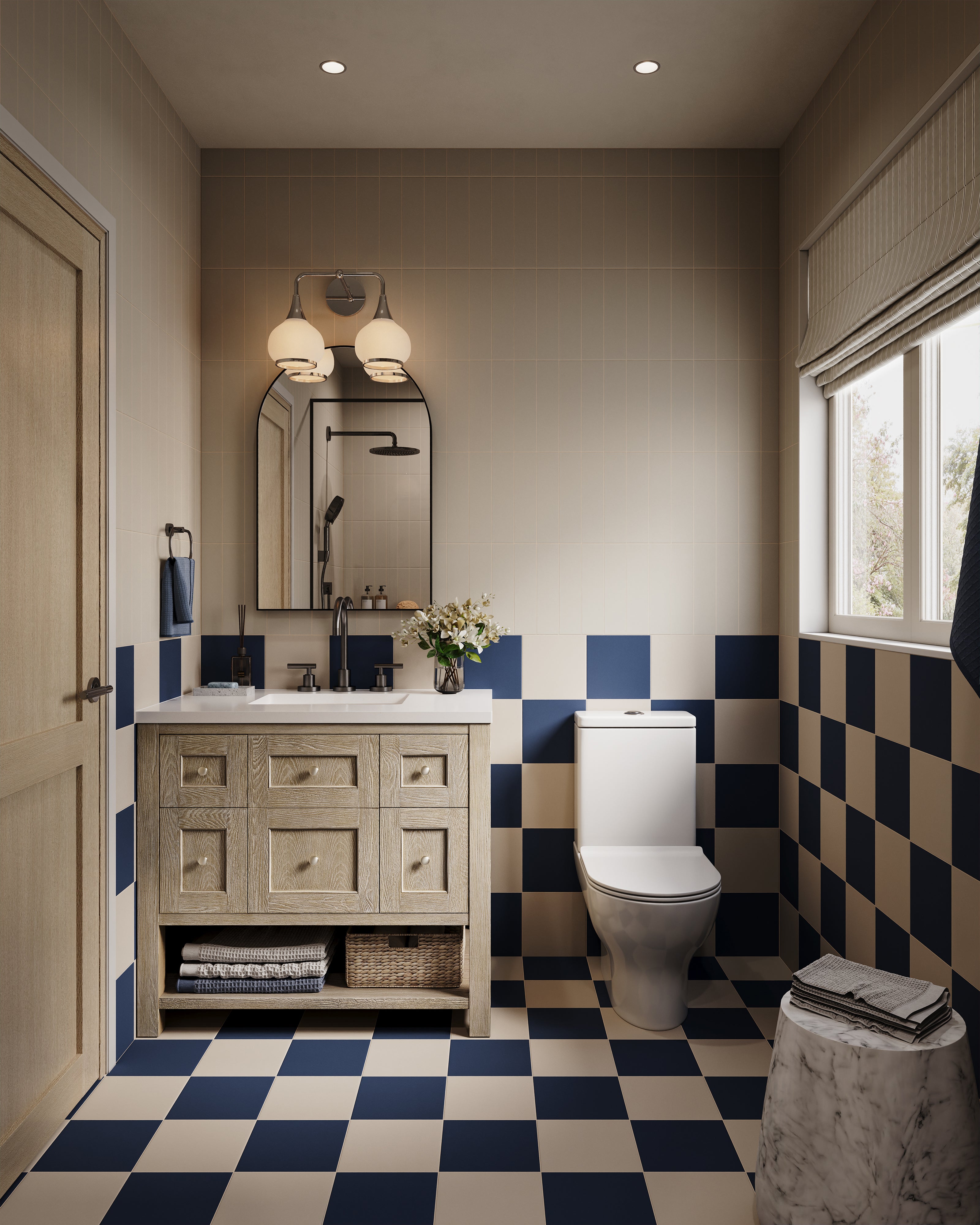 Merrick 8 x 8 Checkerboard Matte Porcelain Tile in Rhythm and Blues and Grunge Greige