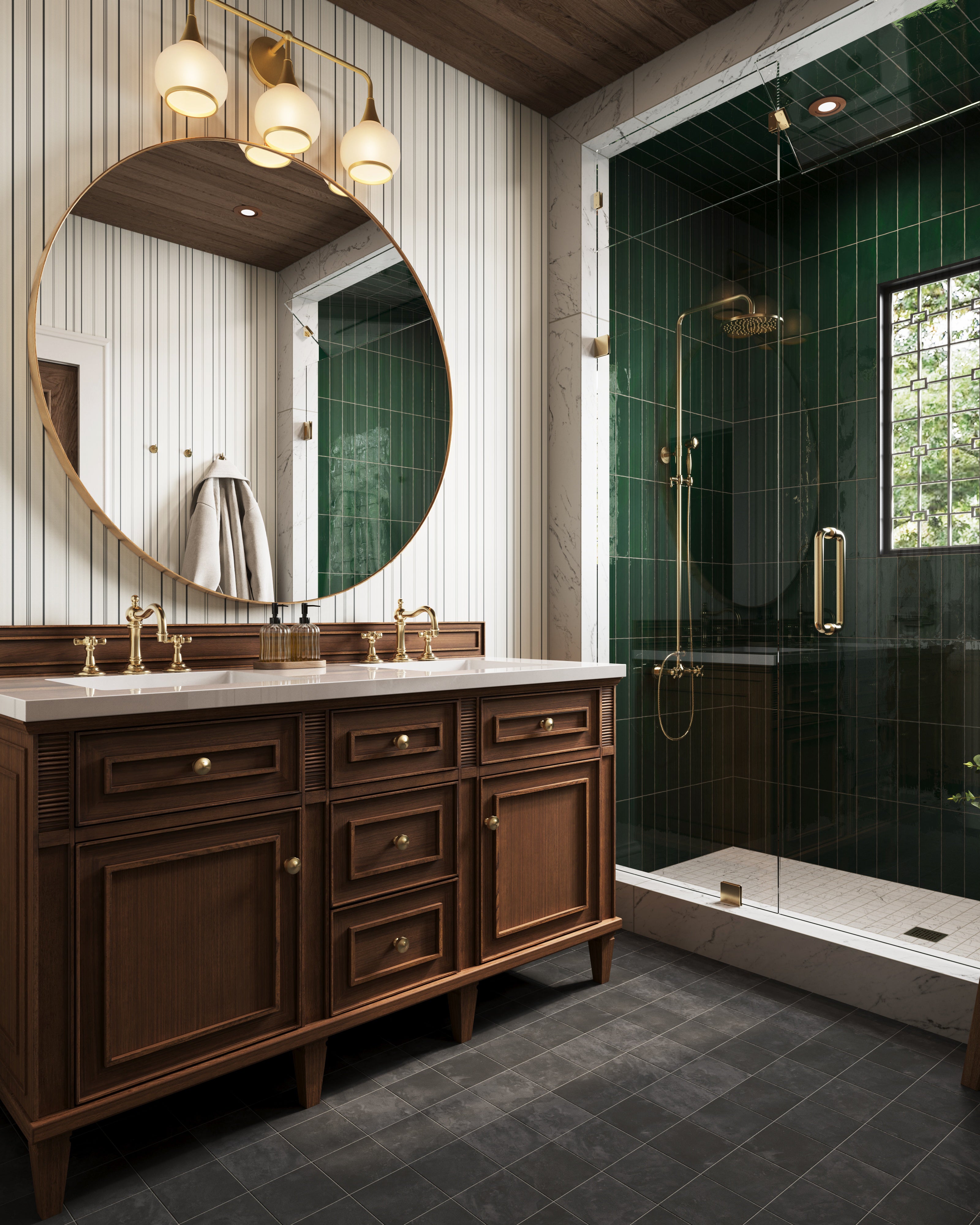 Charcoal gray porcelain floor tiles featuring subtle stone variation and a matte surface create a grounded bathroom floor that complements warm wood tones and classic details.