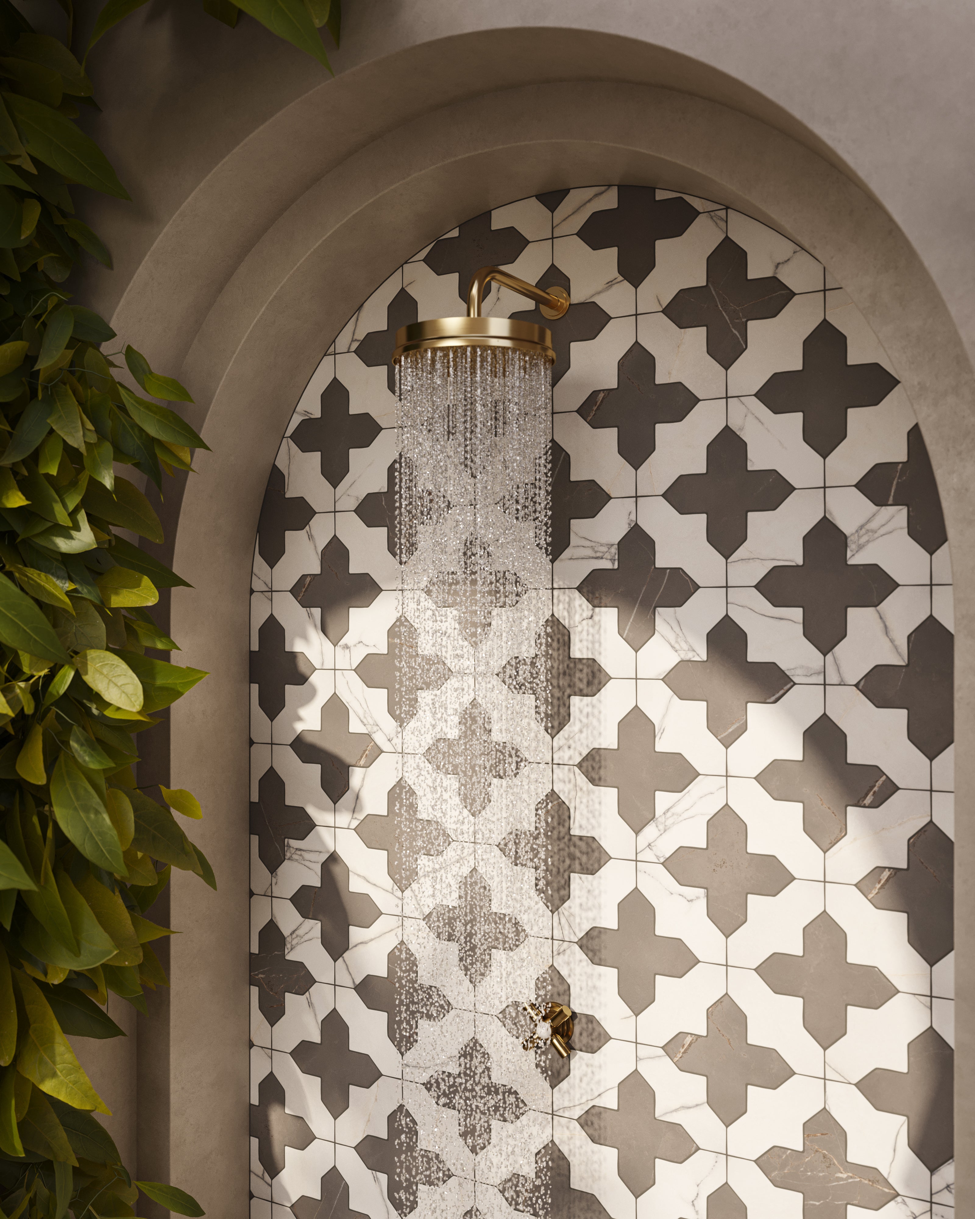 Aslan 8x8 Porcelain Tile Templar Shield in Calacatta and Cross in