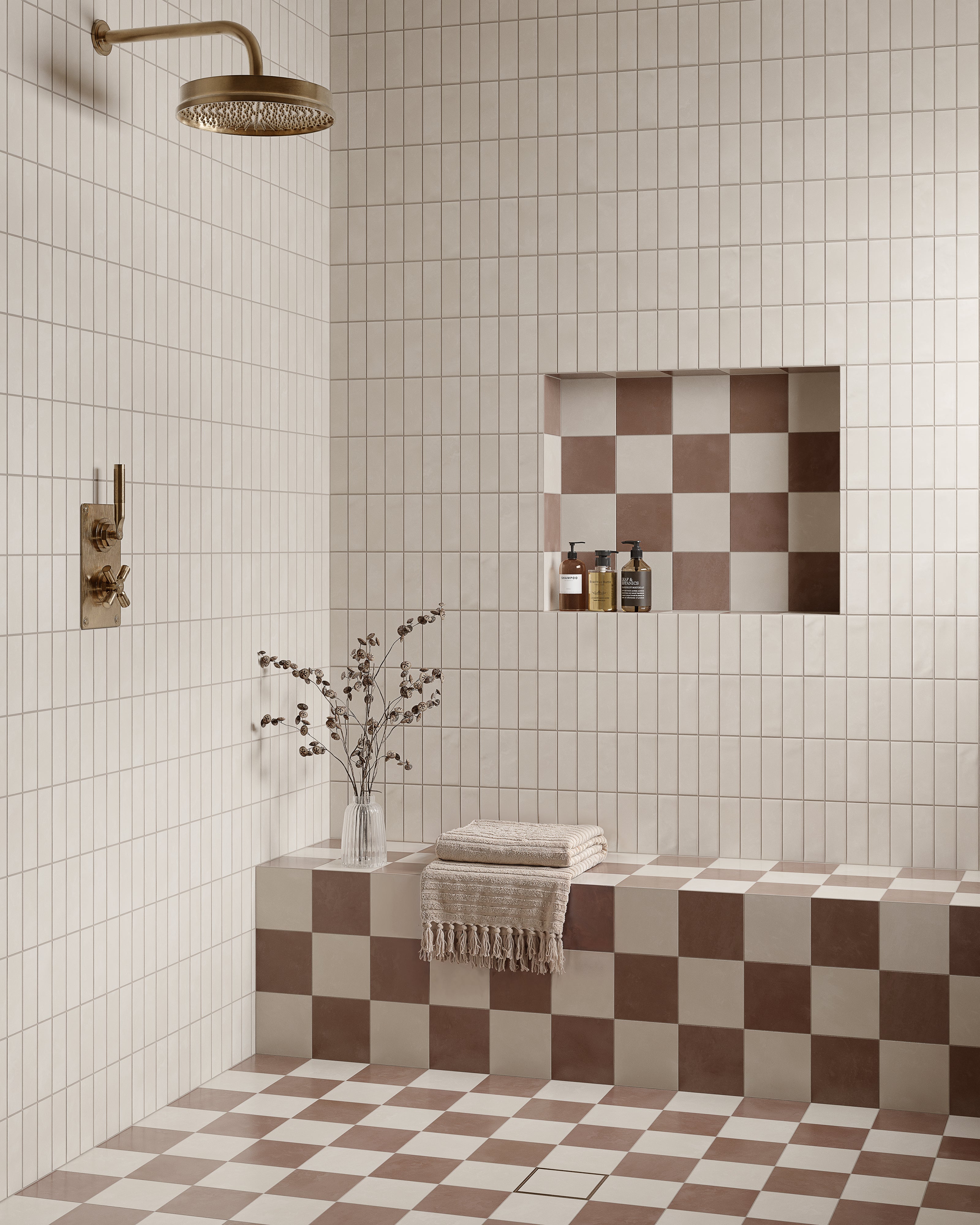 Isabel 6 x 6 Checkerboard Matte Porcelain Tile in Frosted Linen and Burnt Umber