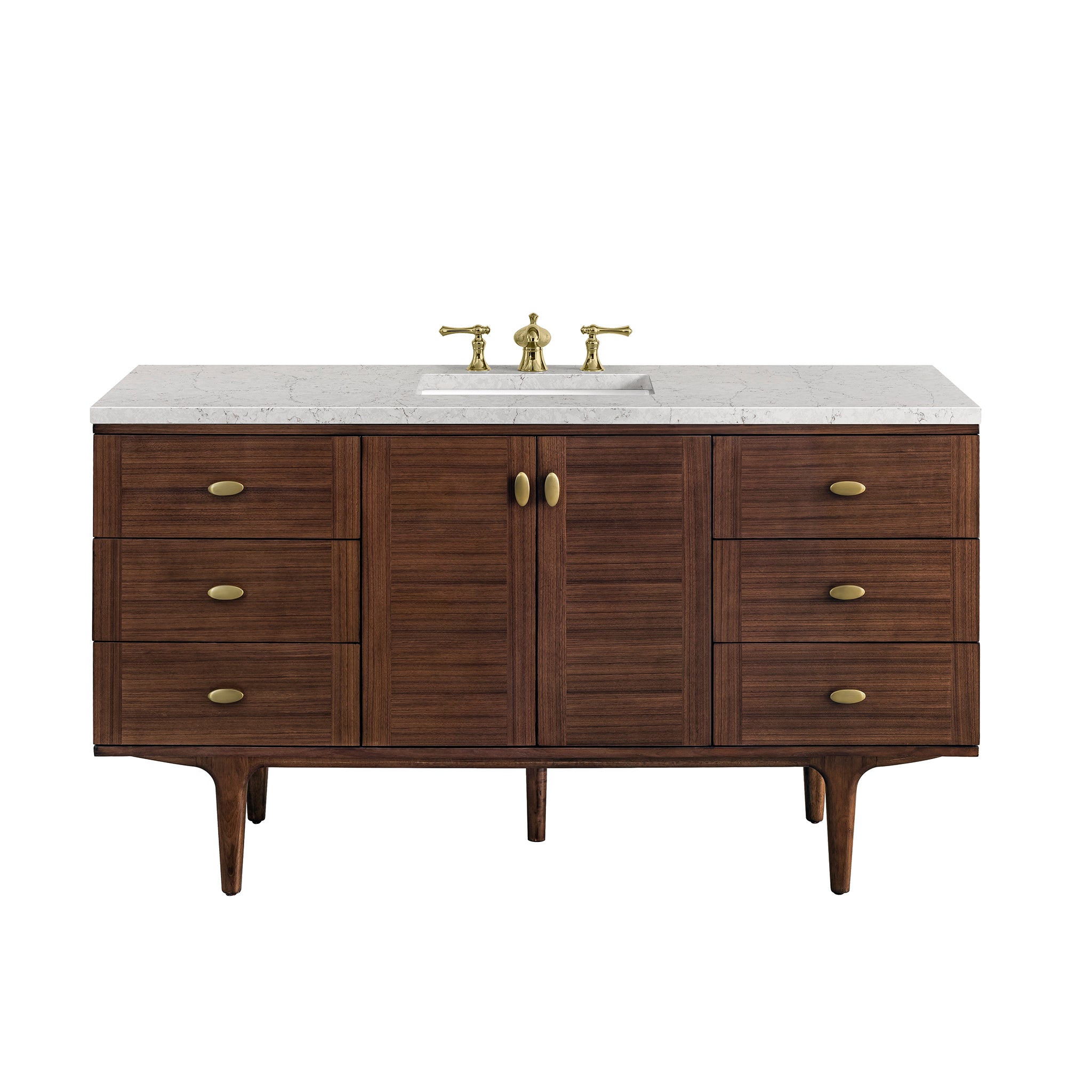 Mid-century walnut Demi single vanity measuring 60 inches wide with rich wood grain cabinetry, six drawers and a center cabinet, paired with a 3 cm Eternal Jasmine Pearl quartz surface.