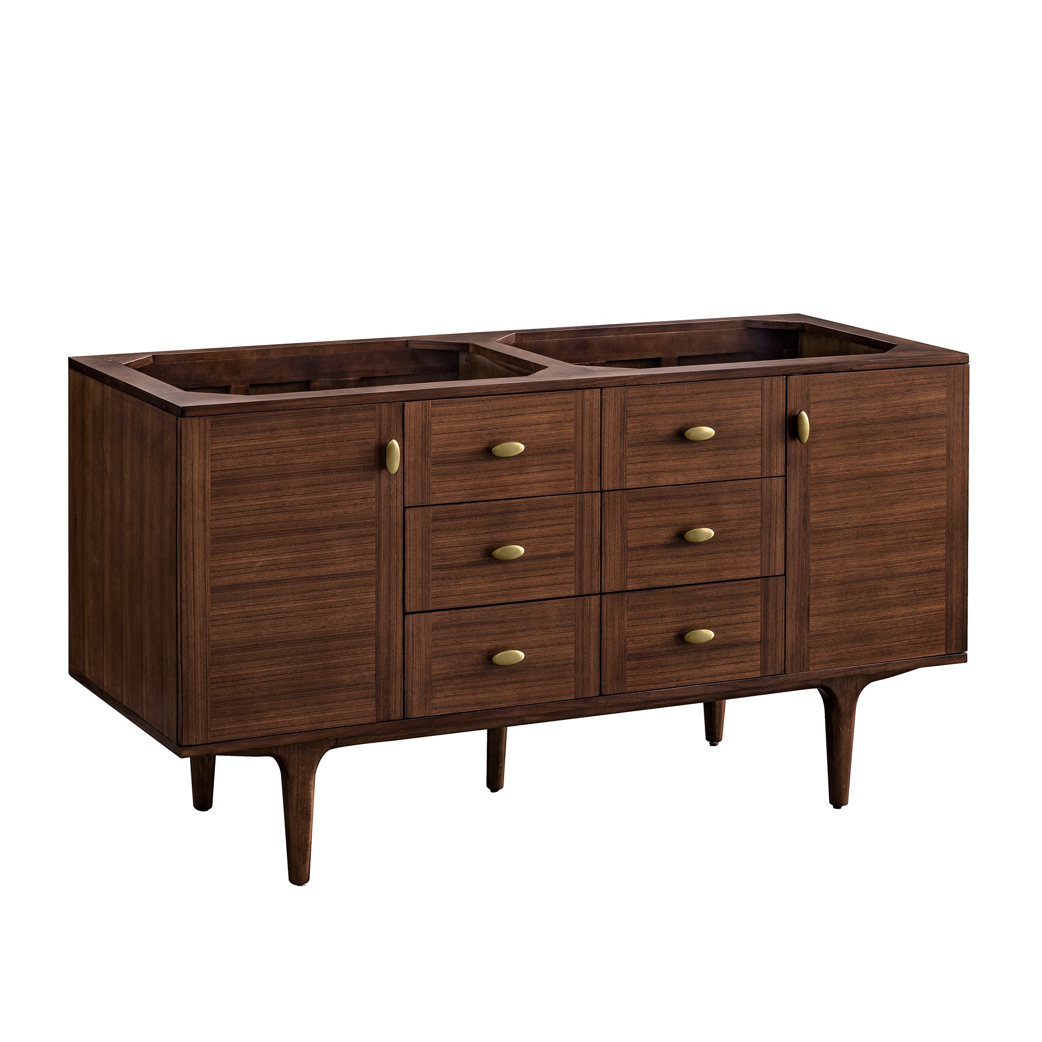 Mid-century walnut Demi double vanity cabinet measuring 60 inches wide with rich wood grain panels, six drawers and two cabinets, designed for a double sink countertop.