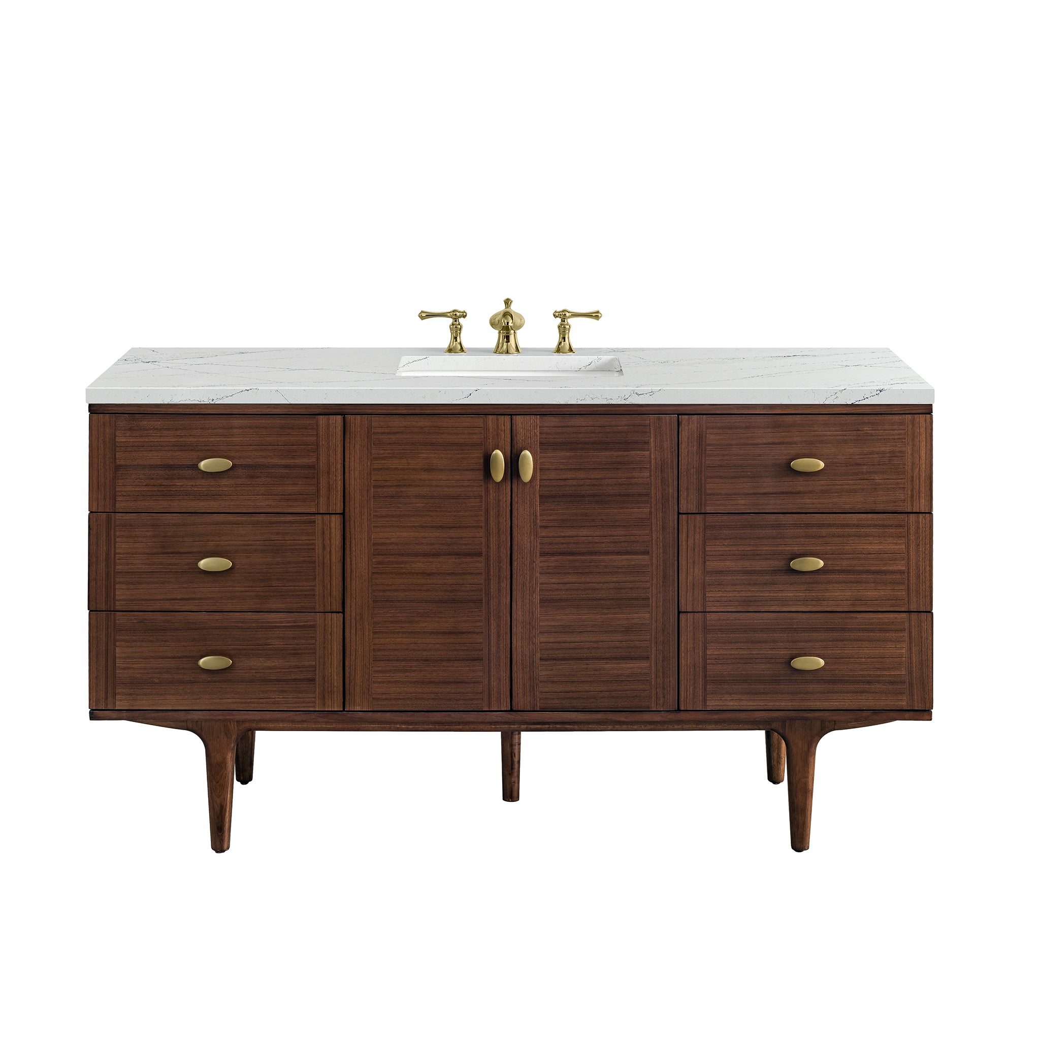 Sized at 60 inches, this Demi single vanity in mid-century walnut features textured wood cabinetry with six drawers and center doors, topped with a 3 cm Ethereal Noctis quartz top.